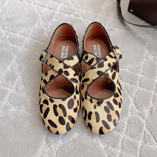ALAIA CRISS CROSS BALLET FLAT IN LEOPARD LAMBSKIN WITH SILVER HARDWARE