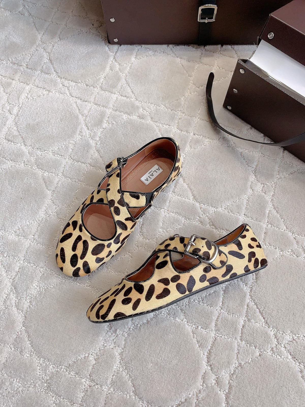 ALAIA CRISS CROSS BALLET FLAT IN LEOPARD LAMBSKIN WITH SILVER HARDWARE