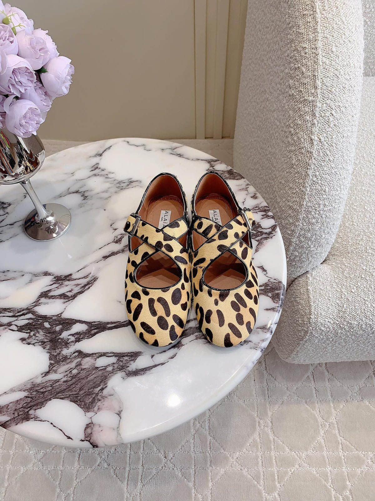 ALAIA CRISS CROSS BALLET FLAT IN LEOPARD LAMBSKIN WITH SILVER HARDWARE