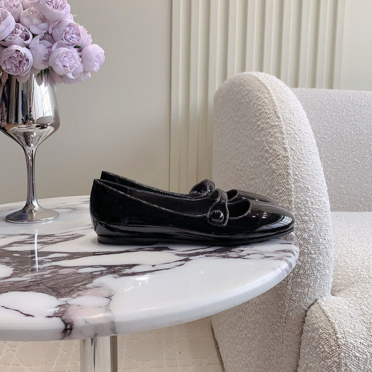 Glossy Black Ballet Shoes Sheepskin