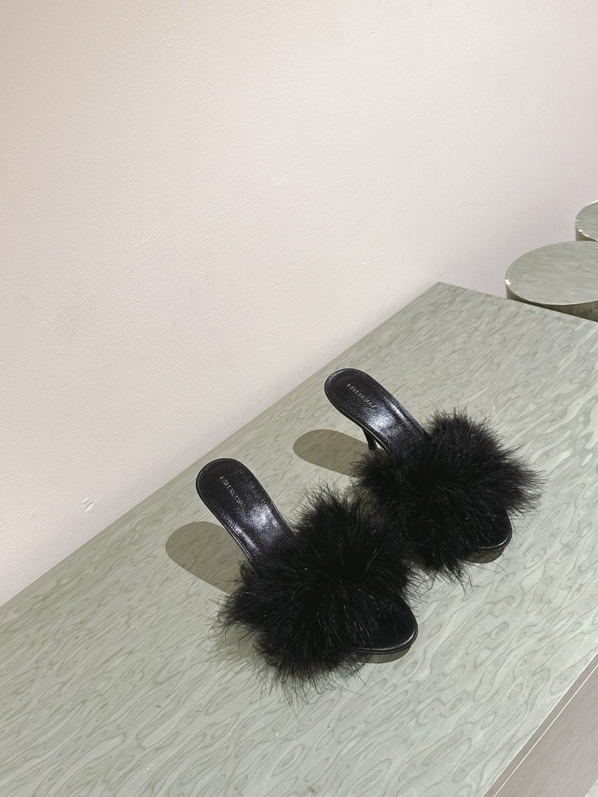 BALENCIAGA 25S HIGH-HEELED SANDALS 85 MM IN BLACK FAUX FUR AND PU