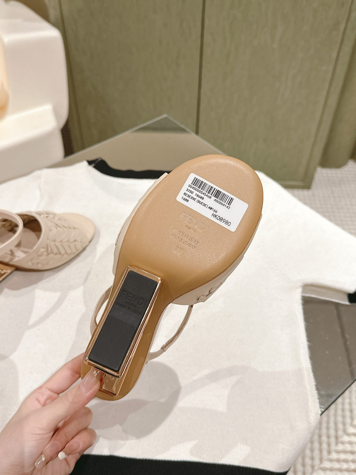 FENDI FIRST HIGH-HEELED SANDALS 85 MM IN BEIGE LAMBSKIN GOLD HARDWARE