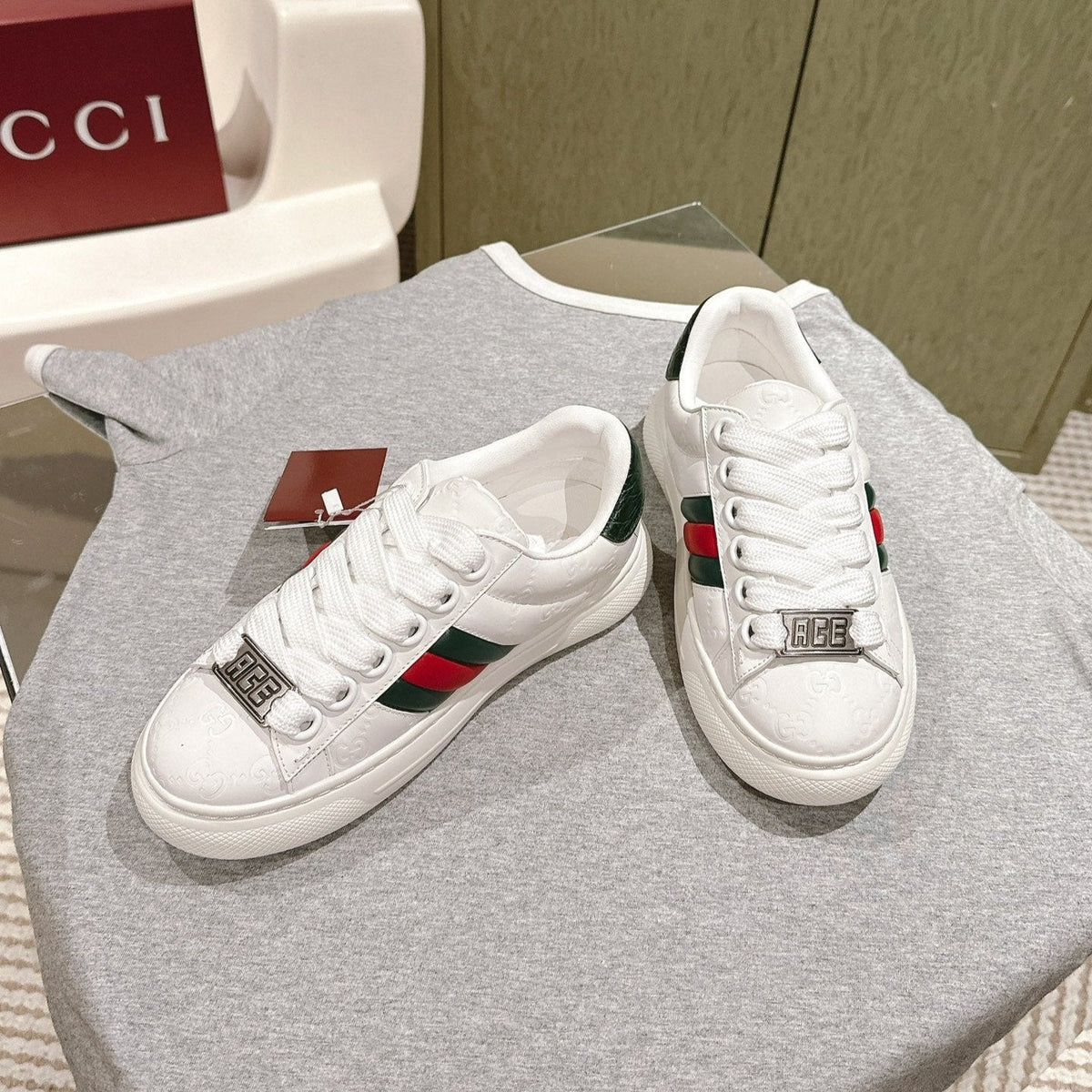 GG ACE SNEAKER WITH WEB IN WHITE EMBOSSED CALFSKIN