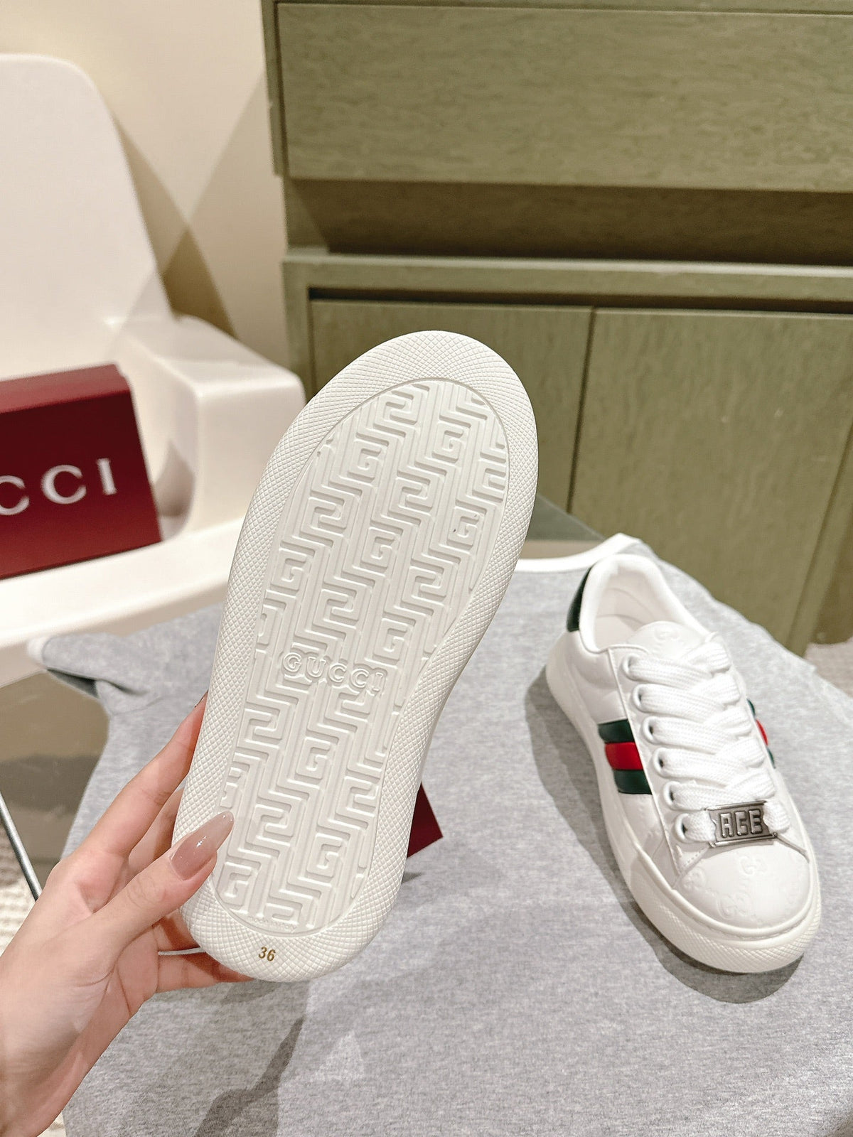 GG ACE SNEAKER WITH WEB IN WHITE EMBOSSED CALFSKIN