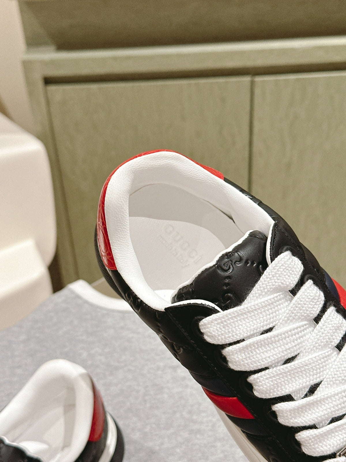 GG ACE SNEAKER WITH WEB IN BLACK EMBOSSED CALFSKIN
