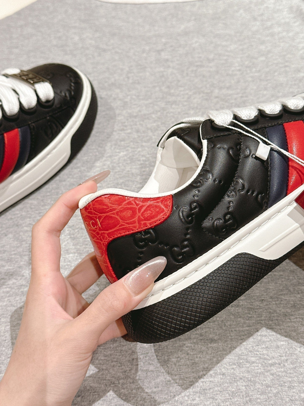 GG ACE SNEAKER WITH WEB IN BLACK EMBOSSED CALFSKIN