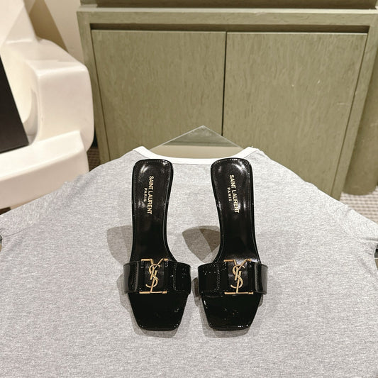 YSL 25S SQUARE-TOE HIGH-HEEL SANDALS 100 MM IN BLACK GLOSSY LAMBSKIN WITH GOLD HARDWARE