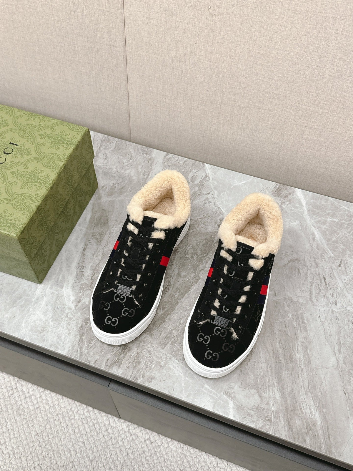 GG ACE SNEAKER WITH WEB IN BLACK EMBOSSED SUEDE AND WOOL LINING