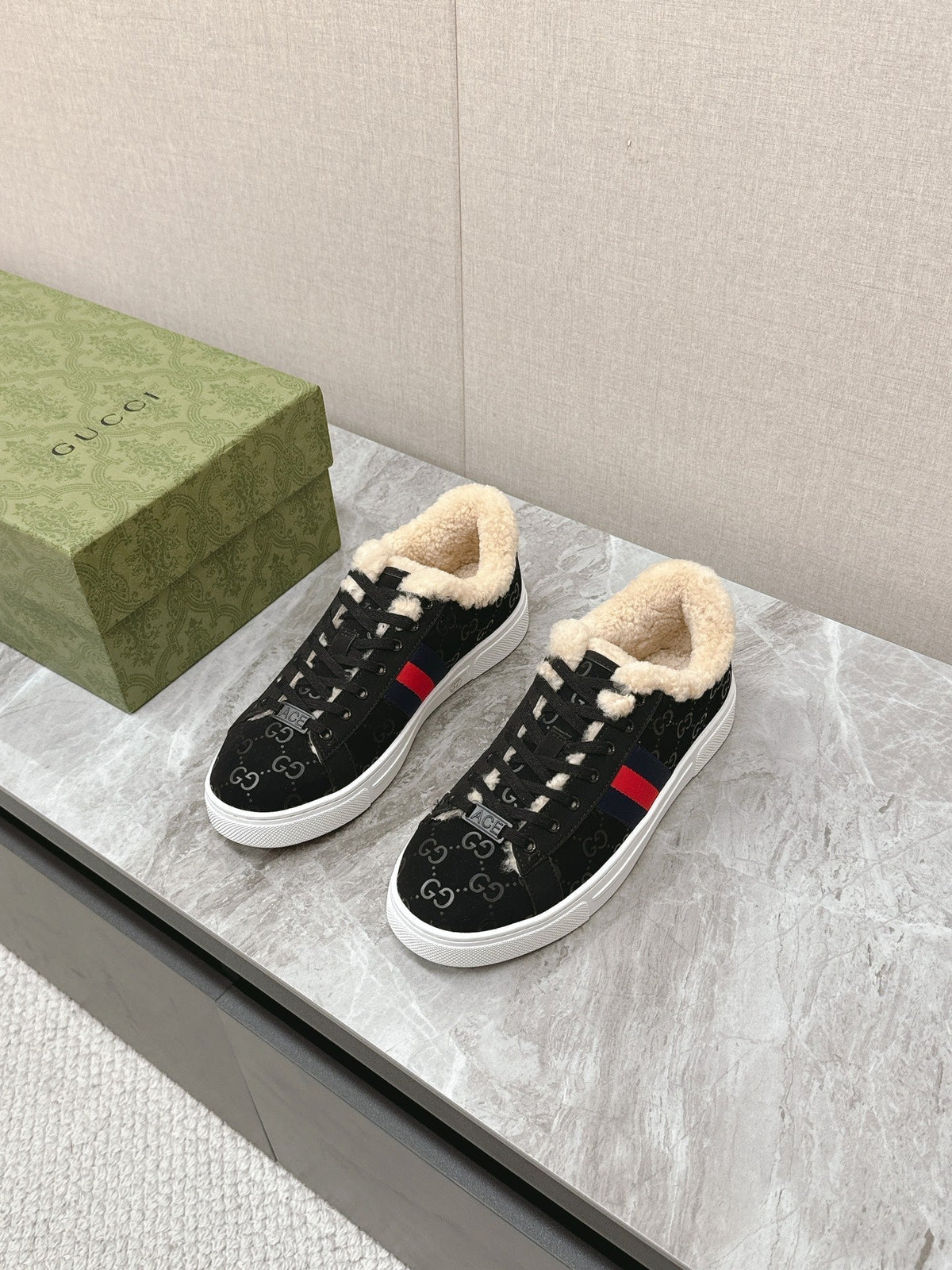 GG ACE SNEAKER WITH WEB IN BLACK EMBOSSED SUEDE AND WOOL LINING