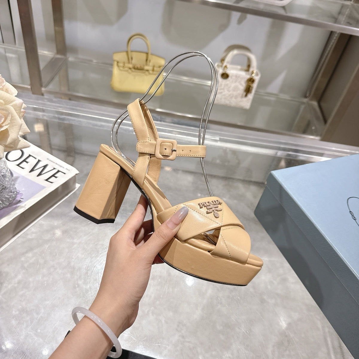 PRADA 25S HIGH-HEEL SANDALS 85 MM IN LIGHT WARM BEIGE LAMBSKIN