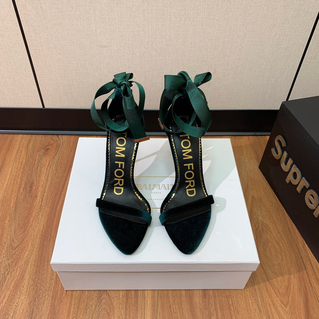 ANKLE SANDAL 10 CM IN GREEN FOREST VELVET AND SILK