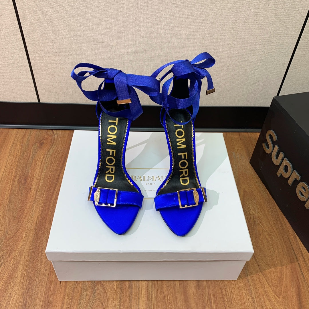 ANKLE SANDAL 10 CM IN COBALT BLUE SILK AND SHEEPSKIN