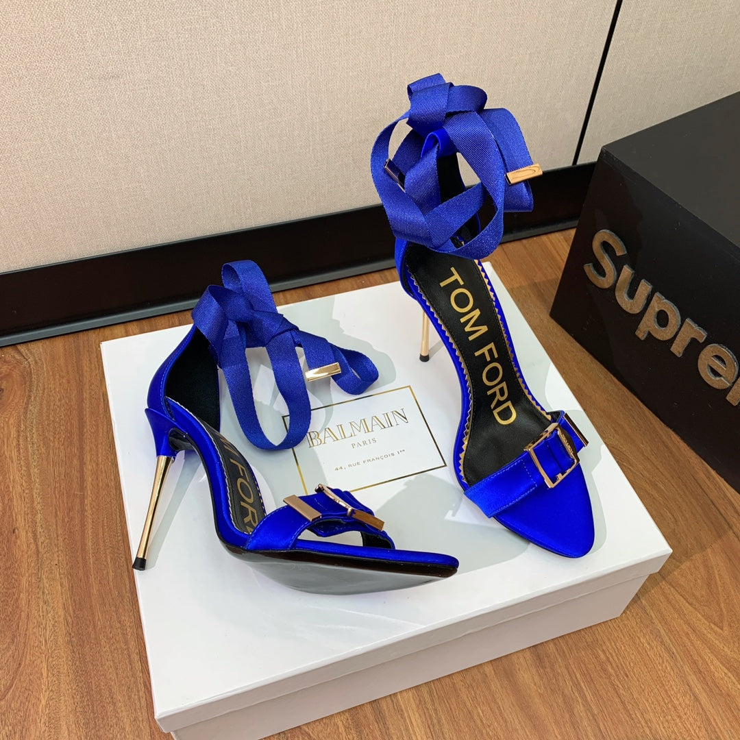 ANKLE SANDAL 10 CM IN COBALT BLUE SILK AND SHEEPSKIN