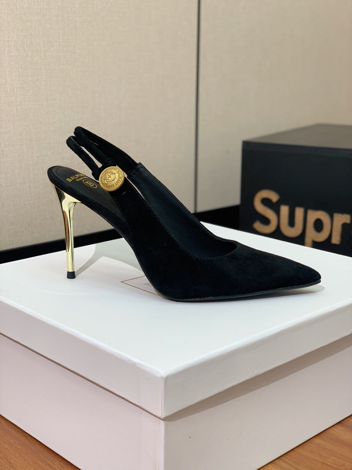 BALMAIN 26S SLINGBACK 95 MM IN BLACK SUEDE