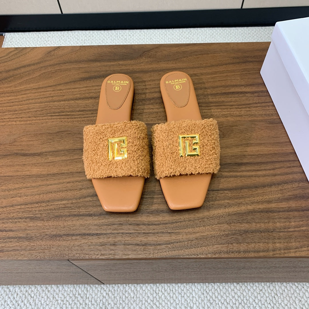 BALMAIN 26S SANDALS IN CAMEL BROWN WOOL AND CALFSKIN