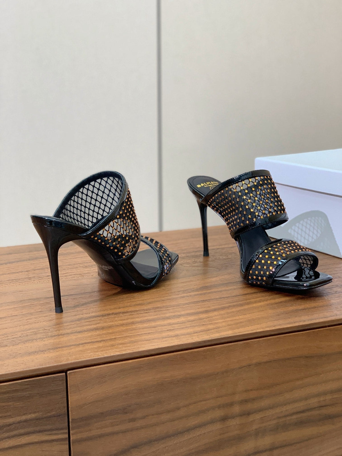 BALMAIN 26S HEEL SANDALS 95 MM IN BLACK MESH FABRIC WITH CRYSTAL EMBELLISHMENT STYLE 1