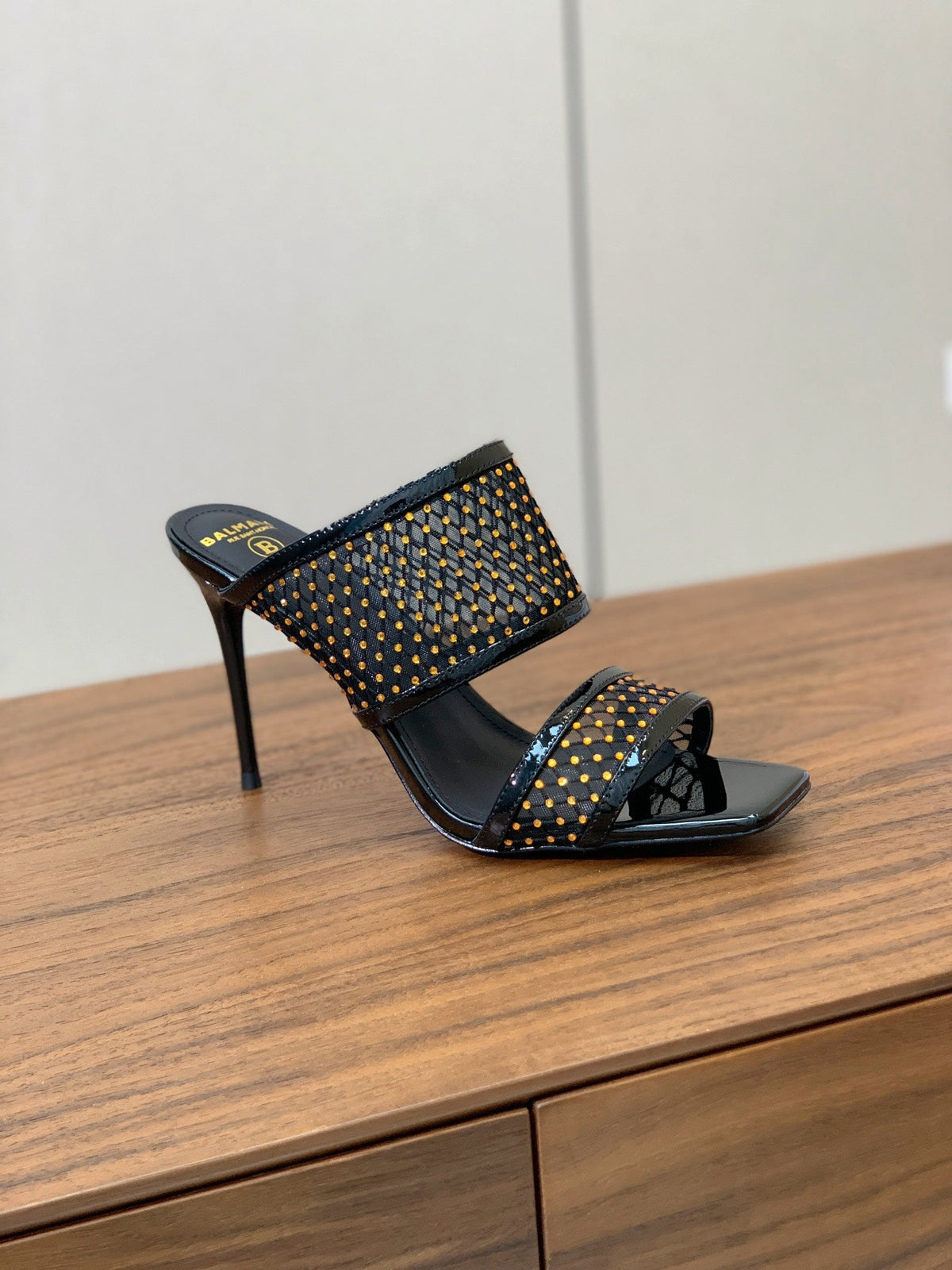 BALMAIN 26S HEEL SANDALS 95 MM IN BLACK MESH FABRIC WITH CRYSTAL EMBELLISHMENT STYLE 1