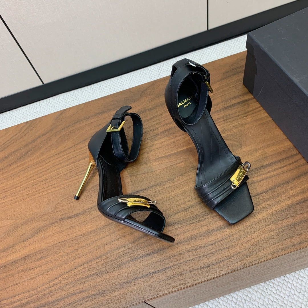 BALMAIN 26S HEELED SANDALS 95 MM IN BLACK CALFSKIN WITH GOLD HARDWARE