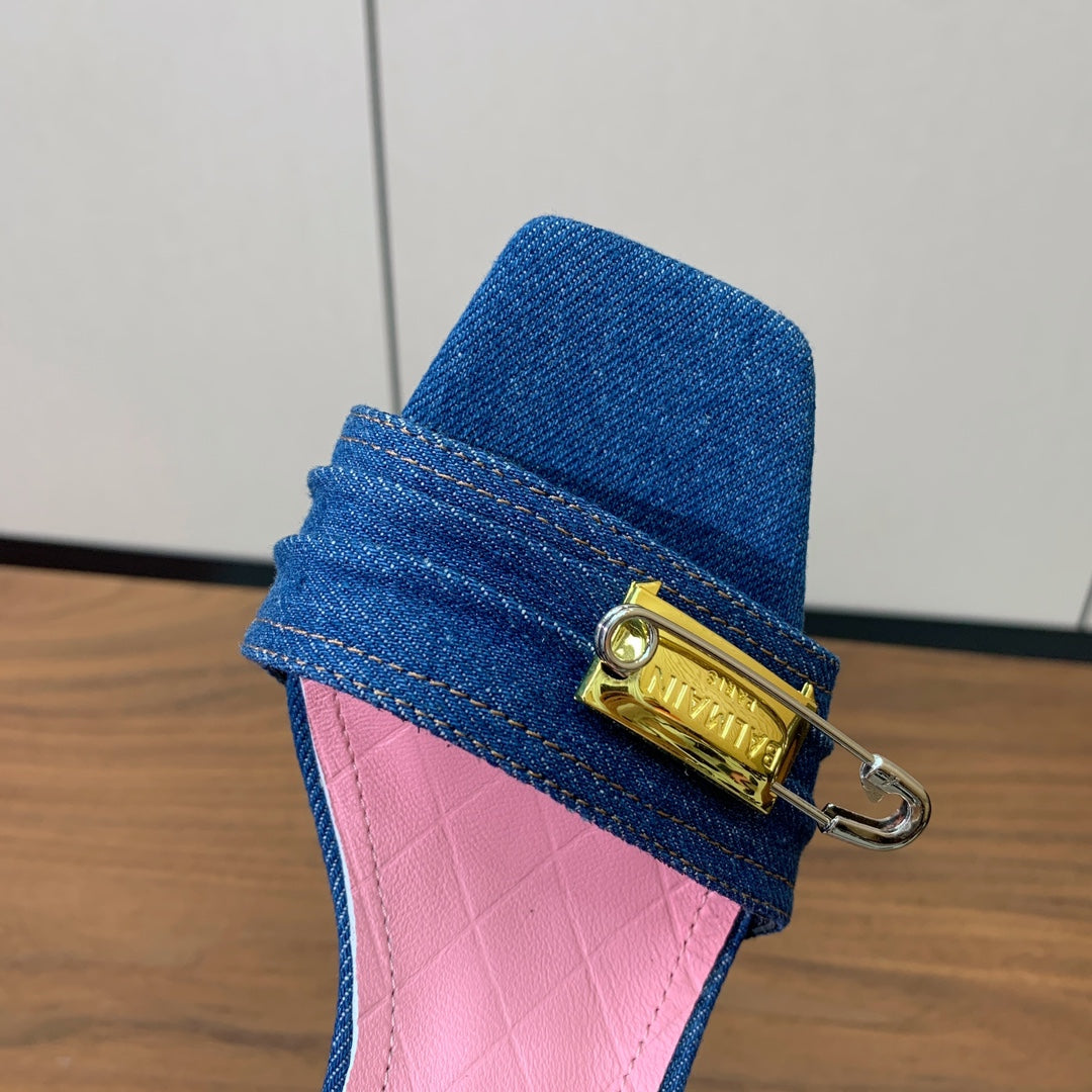BALMAIN 26S HEELED SANDALS 95 MM IN BLUE DENIM WITH GOLD HARDWARE