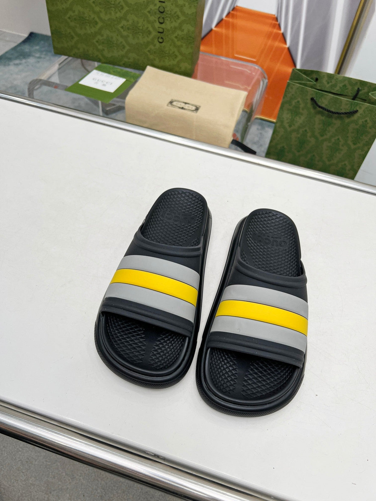 PLATFORM SLIPPERS IN BLACK MIX GRAY AND YELLOW IMPORTED TPU