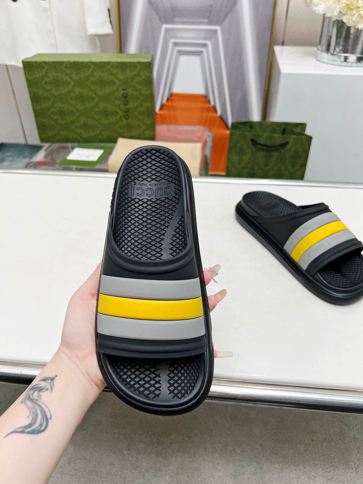 PLATFORM SLIPPERS IN BLACK MIX GRAY AND YELLOW IMPORTED TPU