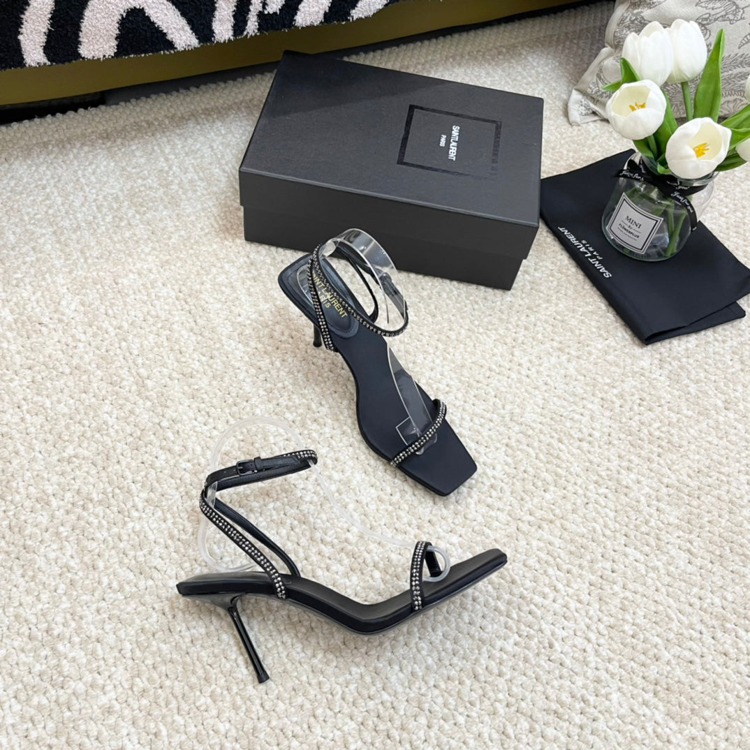 SL GEORGIA WHITE CRYSTAL SANDALS PUMP BLACK SATIN