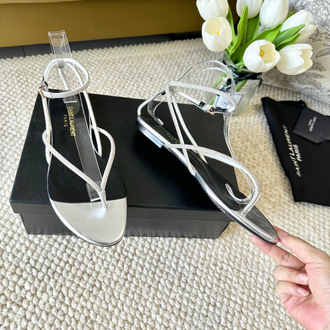 SL CRYSTAL FLAT SANDALS SILVER CALFSKIN