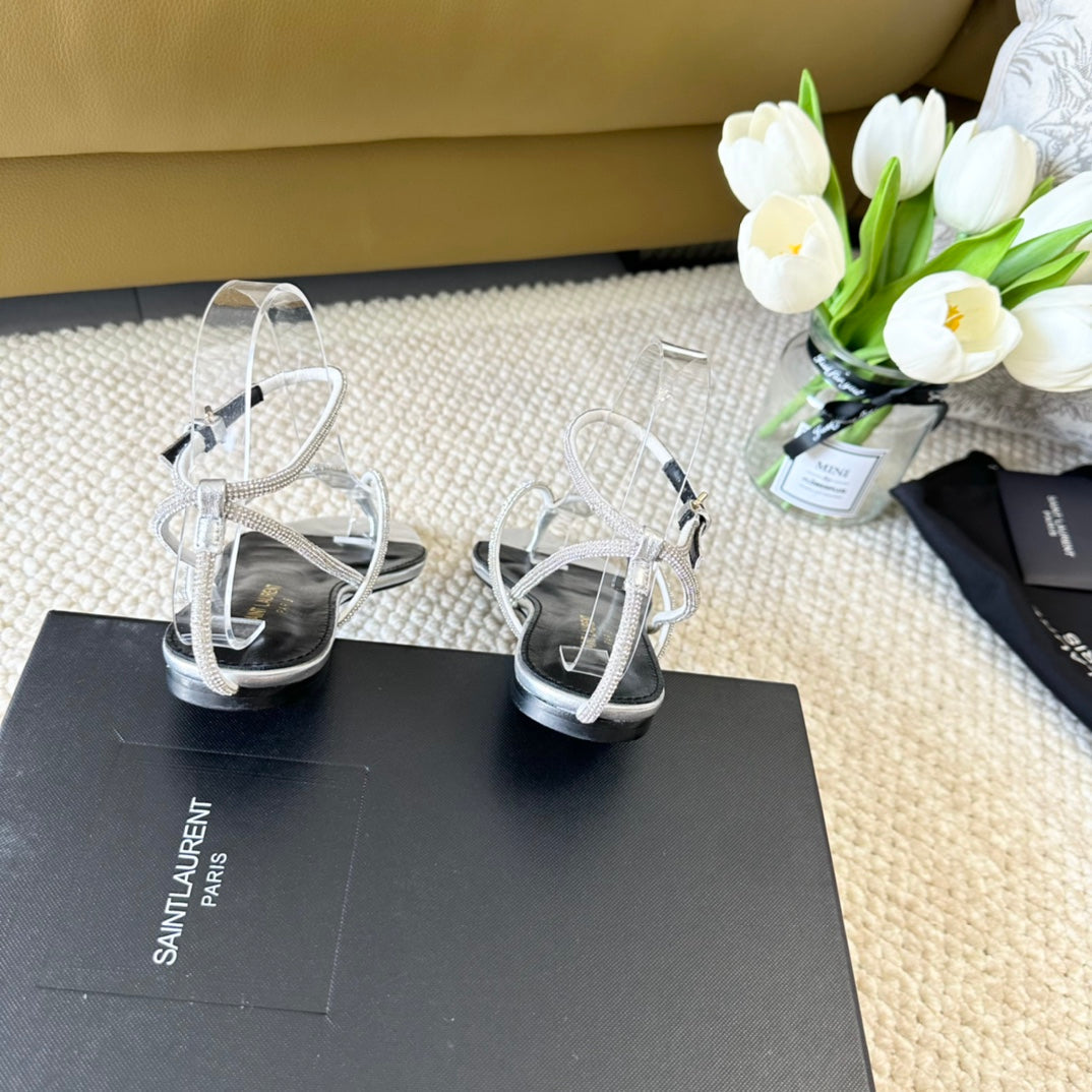 SL CRYSTAL FLAT SANDALS SILVER CALFSKIN