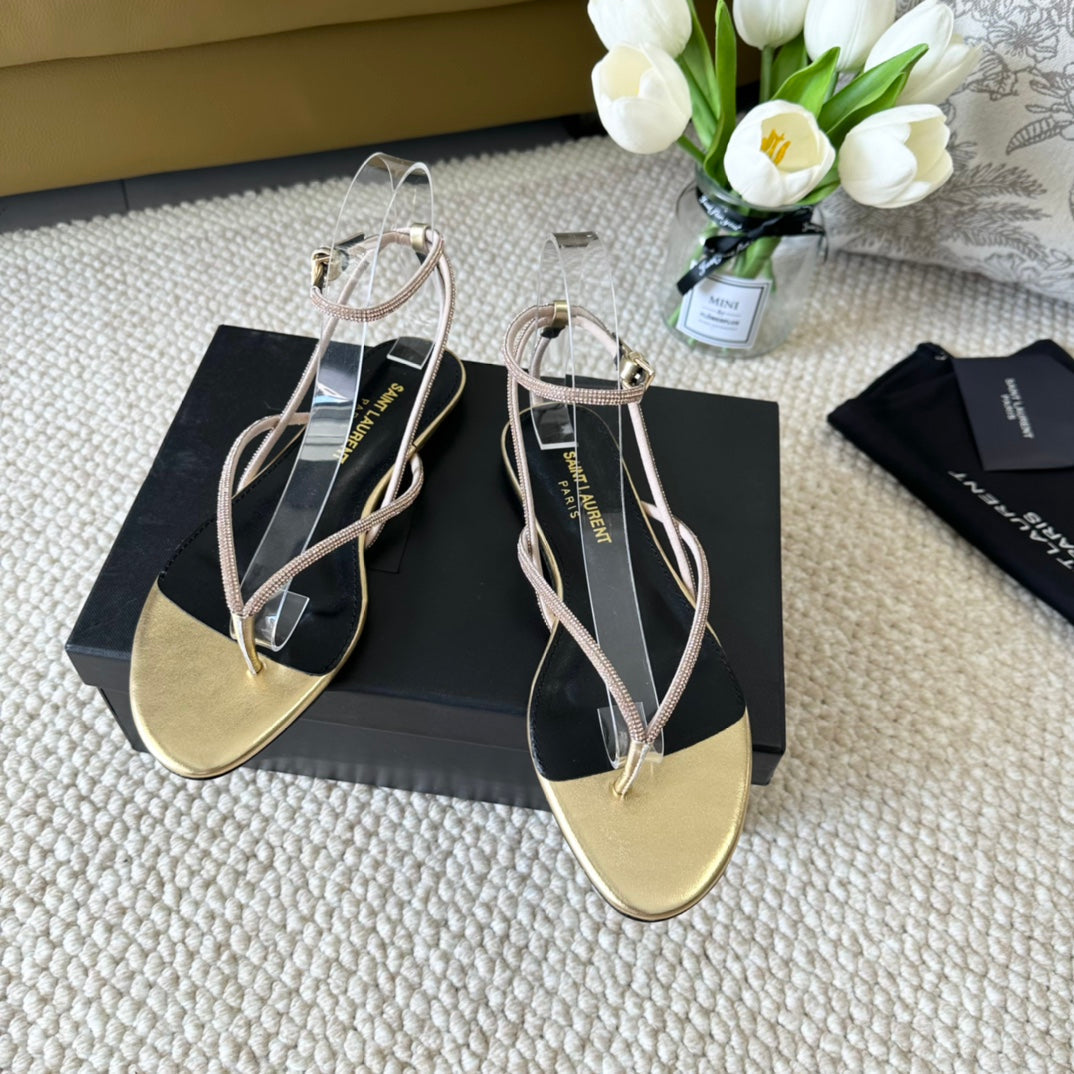 SL CRYSTAL FLAT SANDALS METALLIC GOLD CALFSKIN