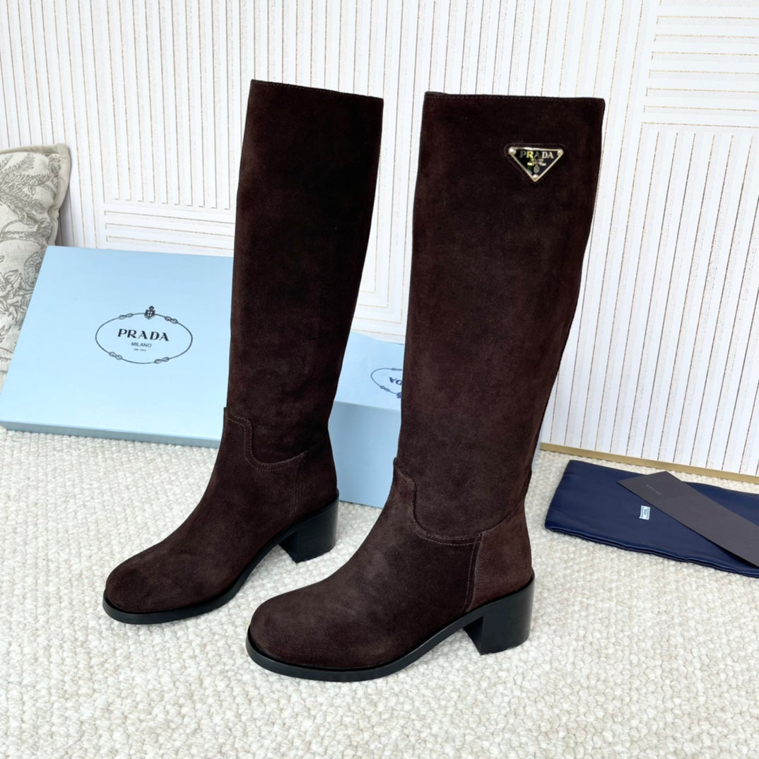PRADA 25S HIGH-CUT BOOTS 55 MM IN DARK BROWN SUEDE