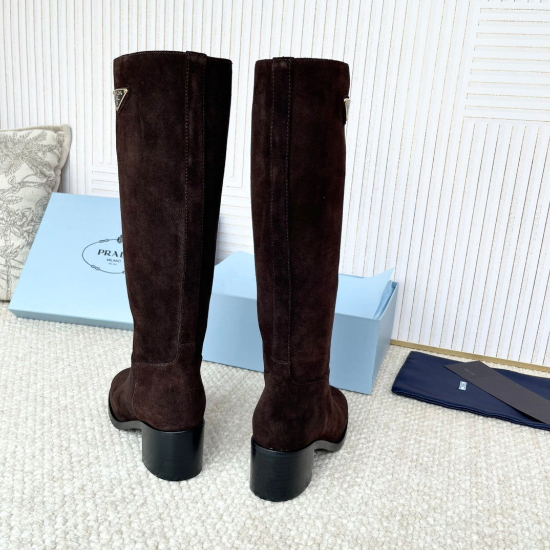 PRADA 25S HIGH-CUT BOOTS 55 MM IN DARK BROWN SUEDE