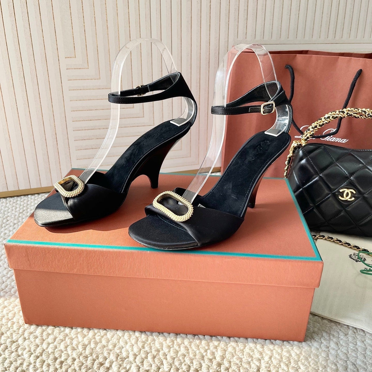HIGH HEELS SANDALS 80 MM IN BLACK SATIN MIX SUEDUE