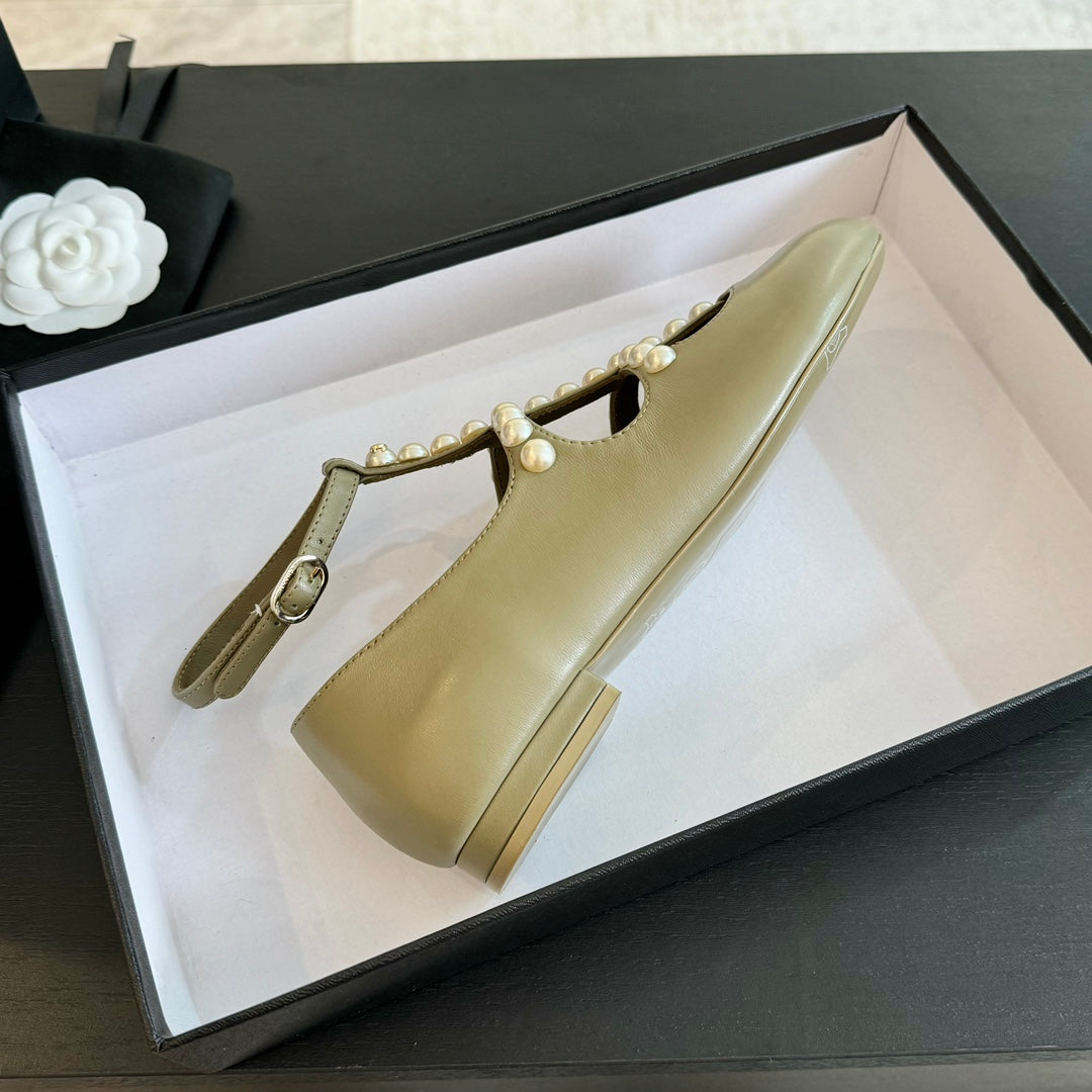 MARY JANES SHOES ECRU BEIGE GOATSKIN WITH FAUX PEARL