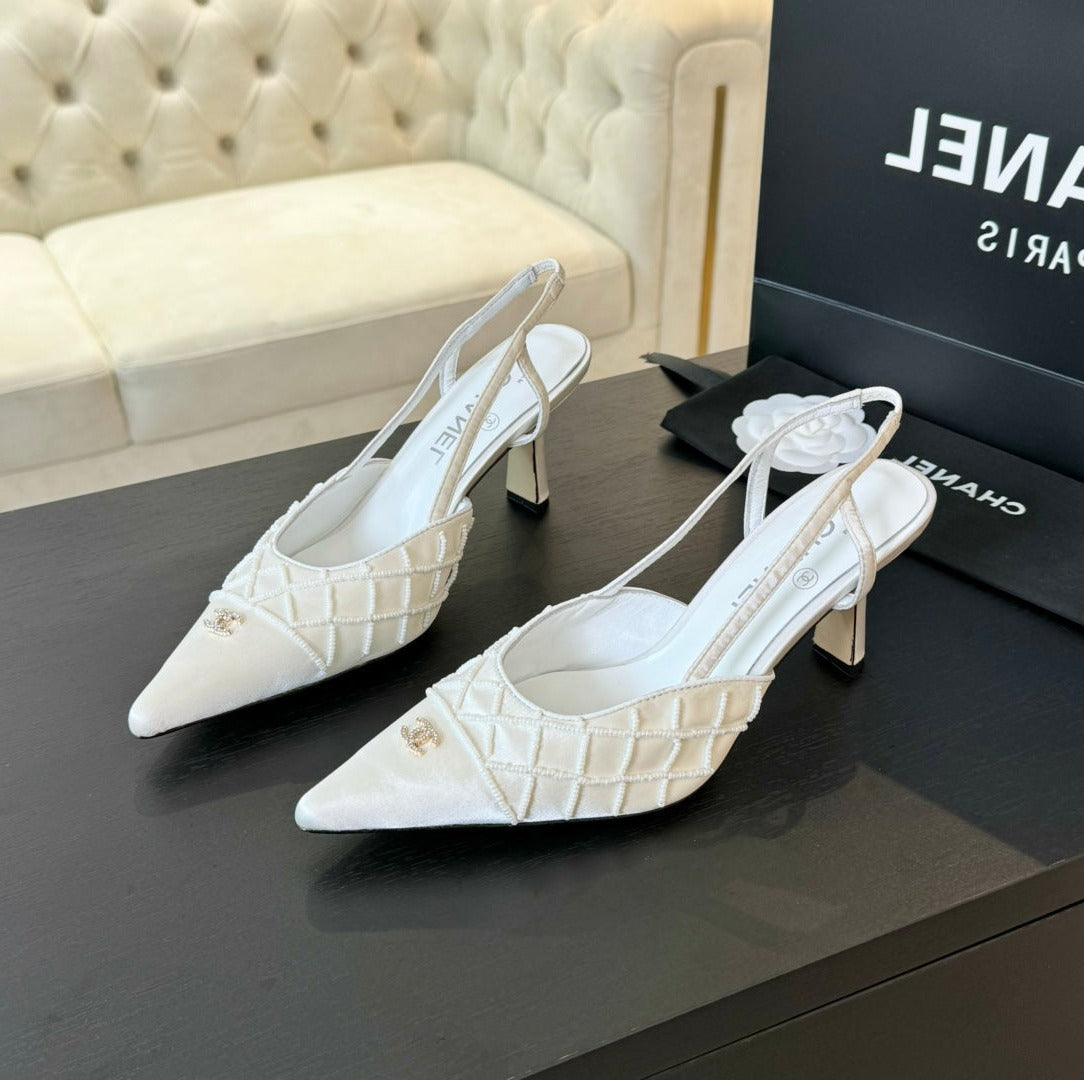 POINTED SLINGBACK MID HEELS WHITE LAMBSKIN