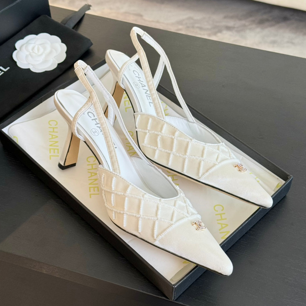 POINTED SLINGBACK MID HEELS WHITE LAMBSKIN