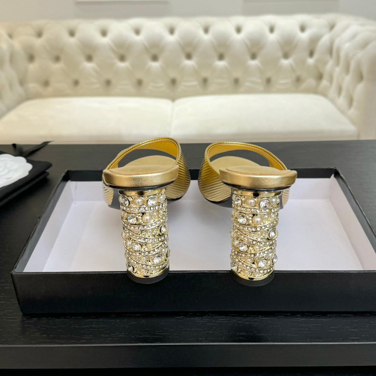 T-STRAP PEARL HEEL 85 MM SANDALS IN GOLD LAMBSKIN MULE