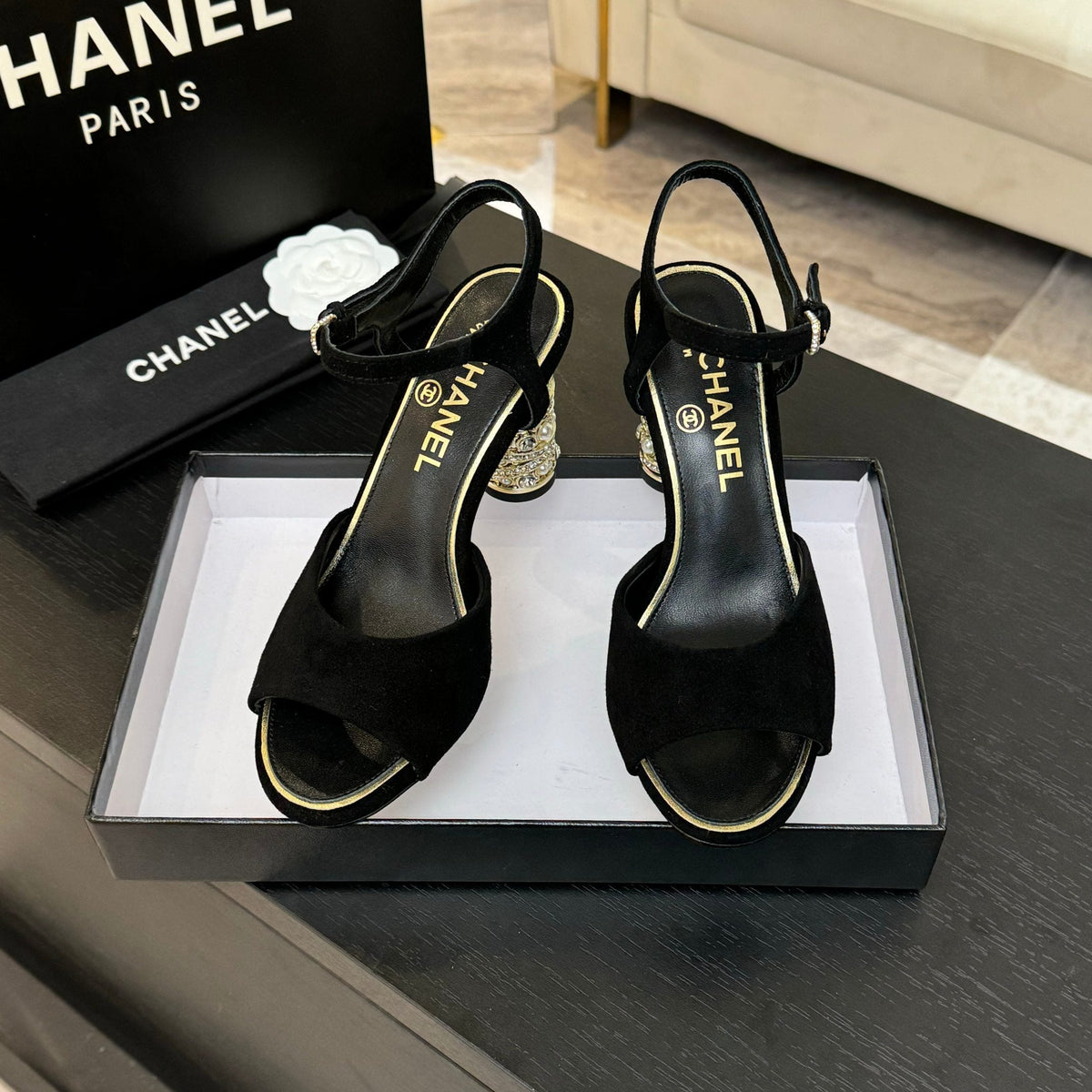 T-STRAP PEARL HEEL 85 MM SANDALS IN BLACK SUEDE