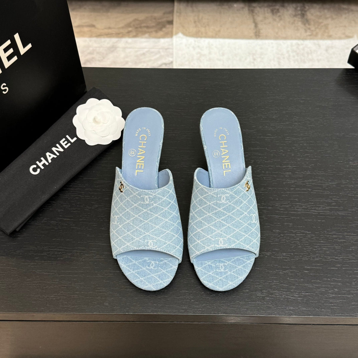 PEEP TOE MULE 55MM IN SKY BLUE DENIM CHECKERED AND LOGO