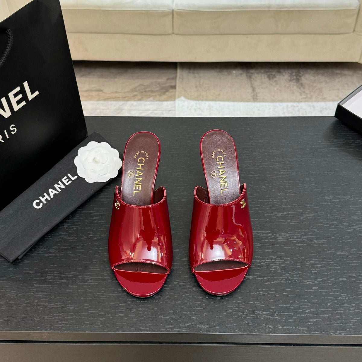 PEEP TOE MULE 85MM IN WINE RED PATENT CALFSKIN