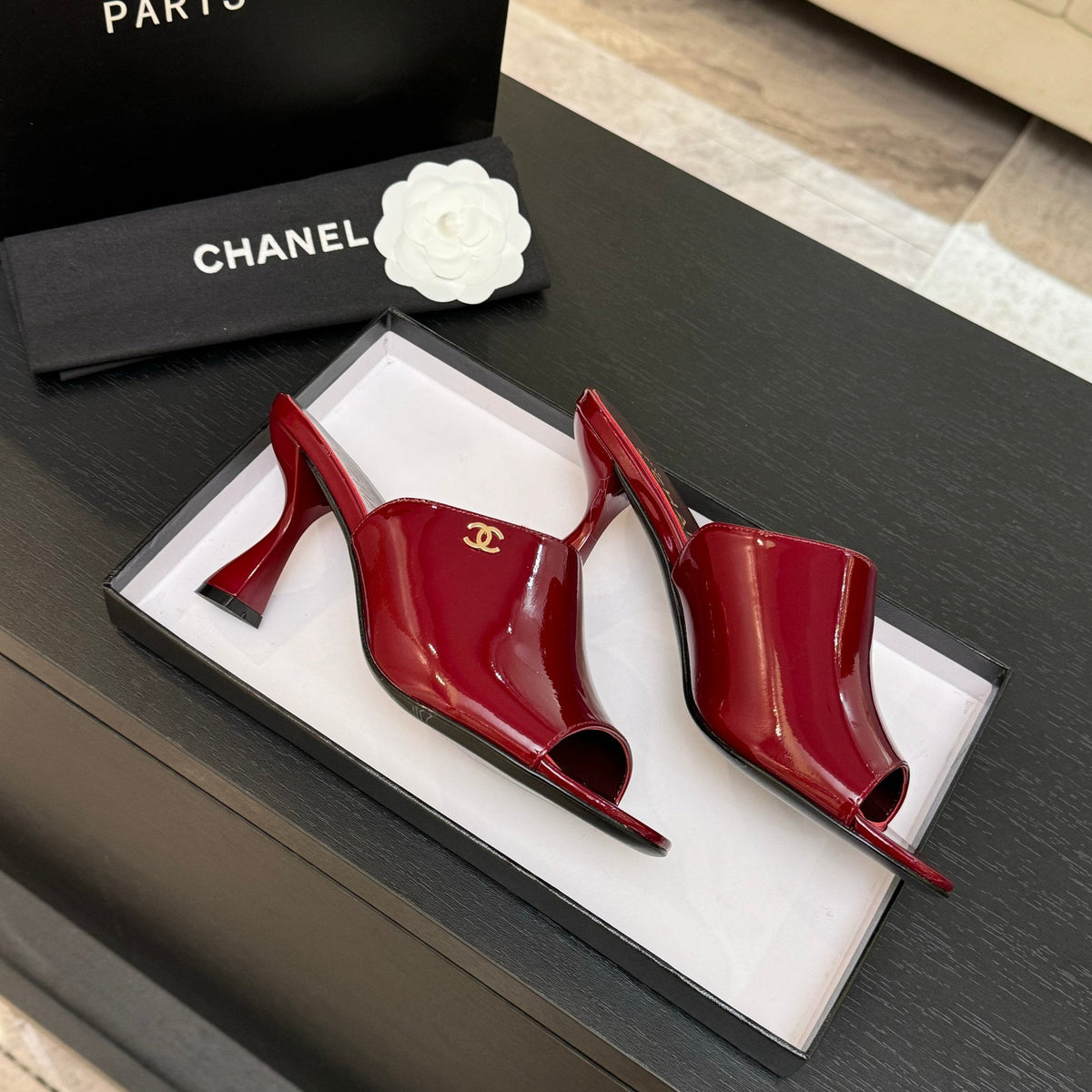 PEEP TOE MULE 85MM IN WINE RED PATENT CALFSKIN