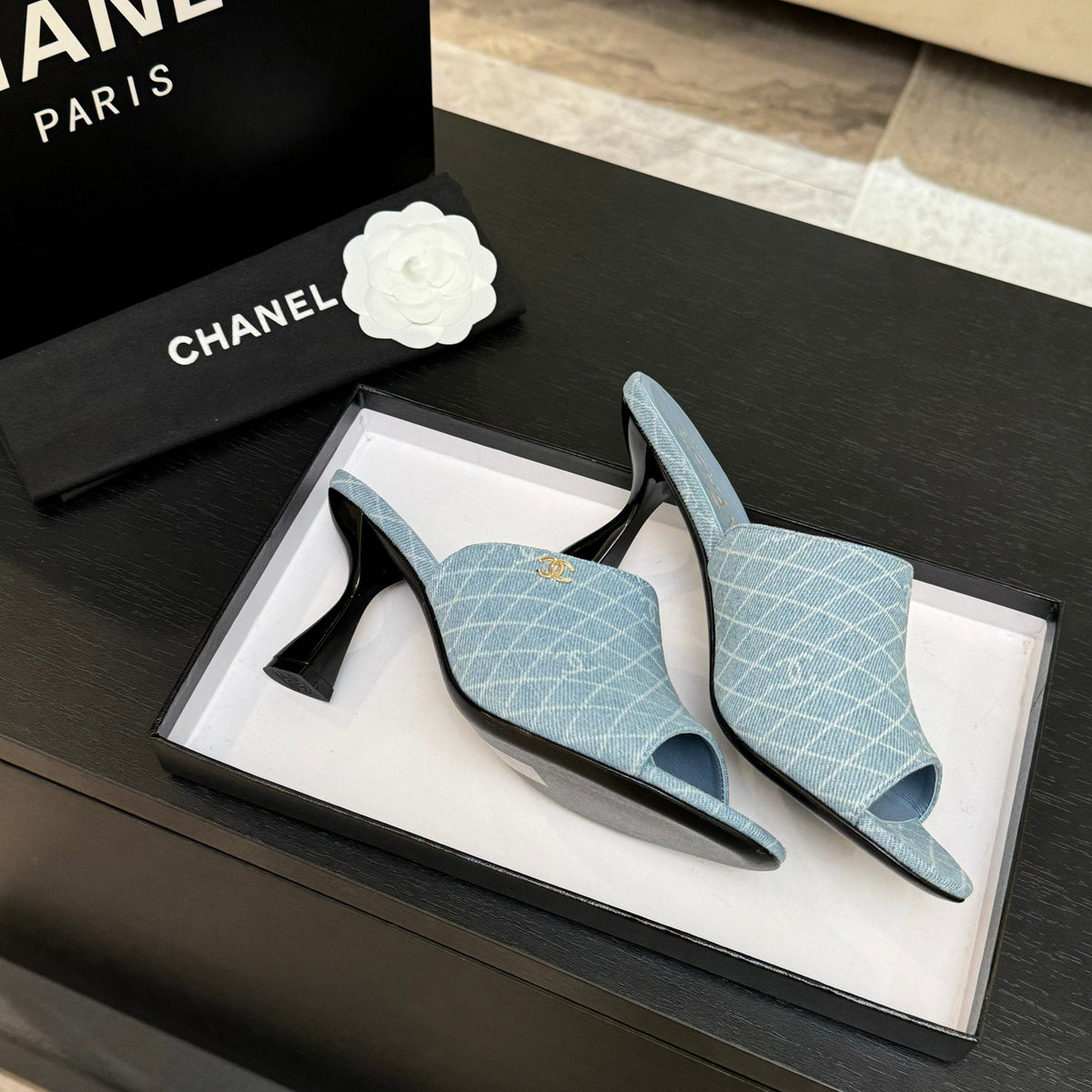 PEEP TOE MULE 85MM IN SKY BLUE DENIM CHECKERED AND LOGO