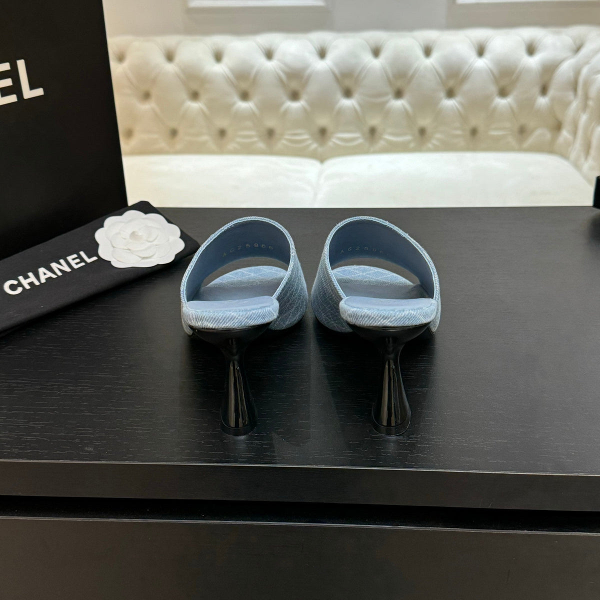 PEEP TOE MULE 85MM IN SKY BLUE DENIM CHECKERED AND LOGO