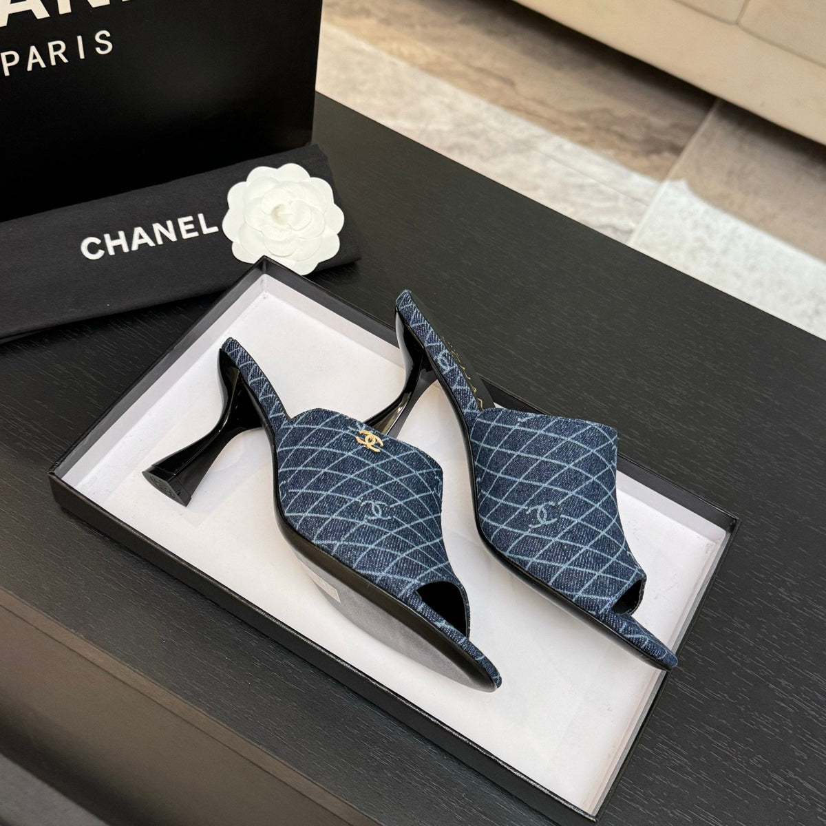 PEEP TOE MULE 85MM IN BLUE DENIM CHECKERED AND LOGO