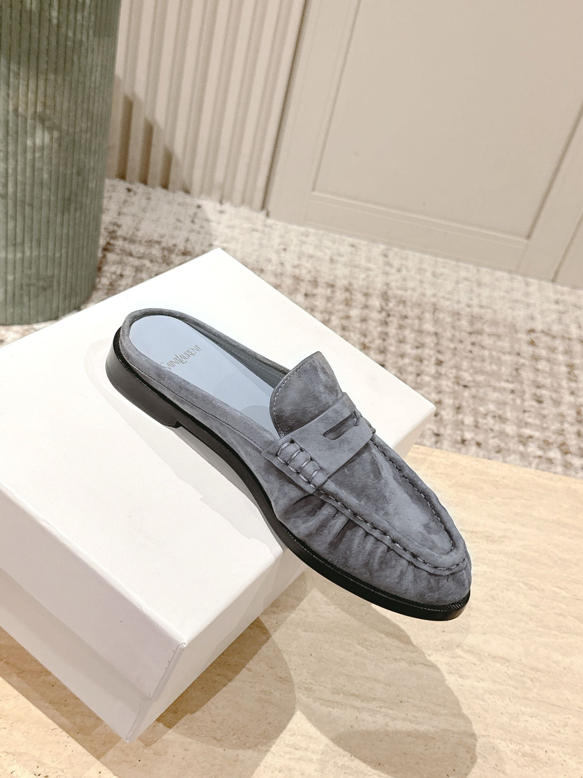 YSL 25S LOAFER MULE IN GRAY SUEDE