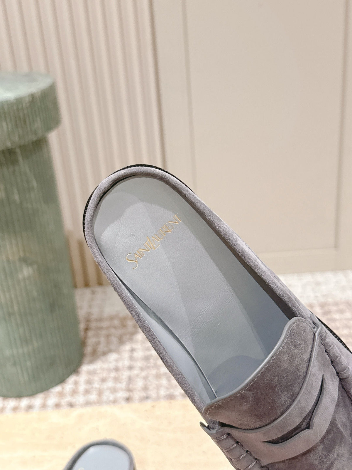 YSL 25S LOAFER MULE IN GRAY SUEDE