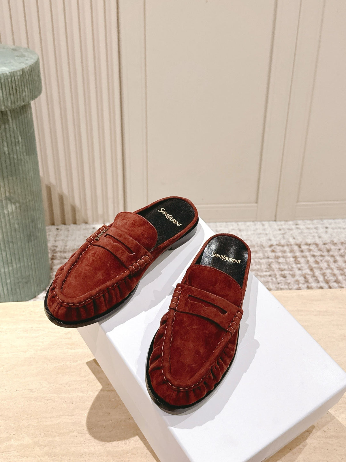 YSL 25S LOAFER MULE IN DARK BRICK RED SUEDE