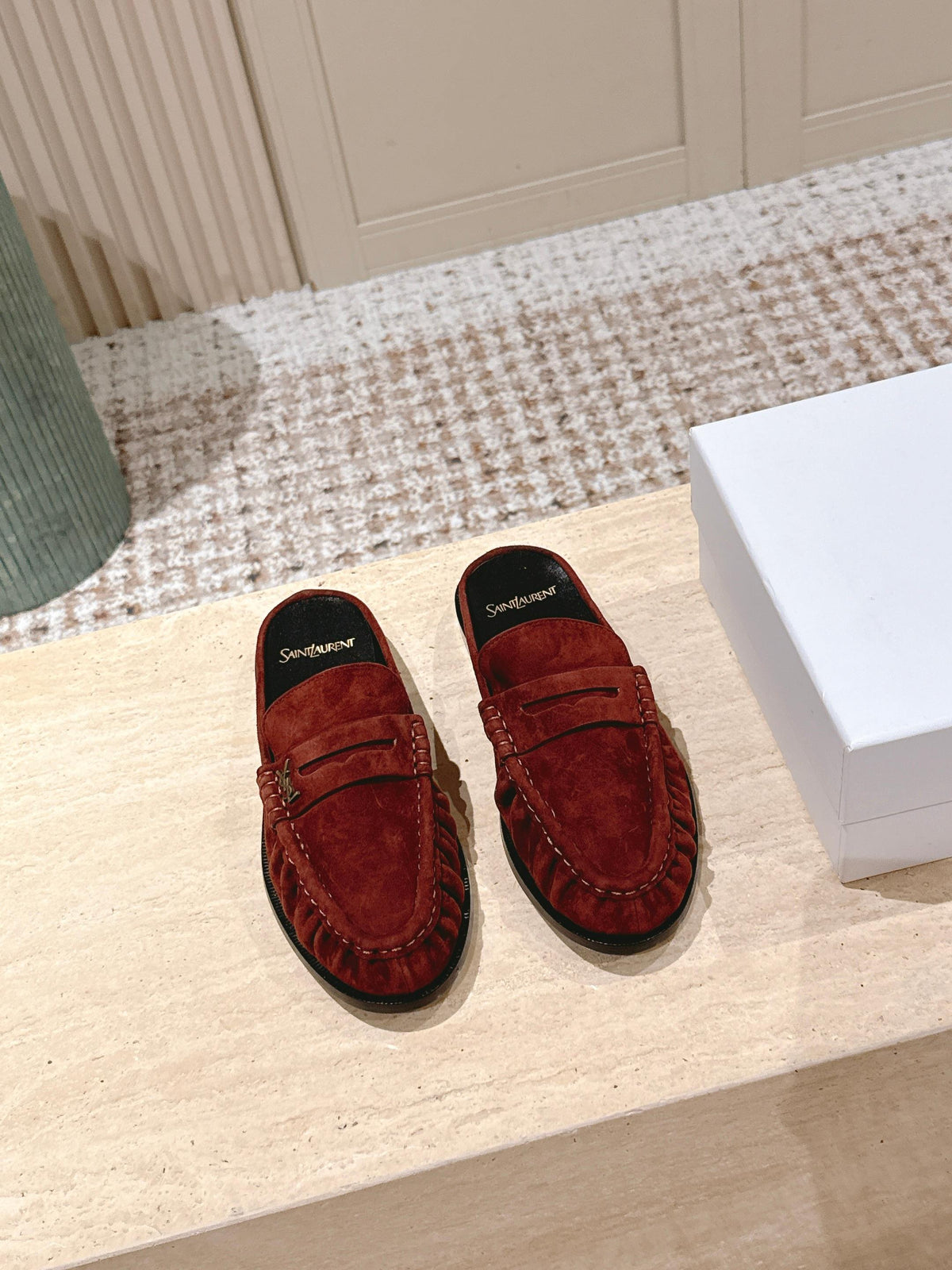 YSL 25S LOAFER MULE IN DARK BRICK RED SUEDE