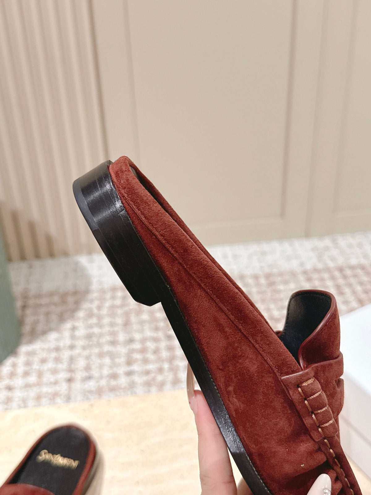 YSL 25S LOAFER MULE IN DARK BRICK RED SUEDE
