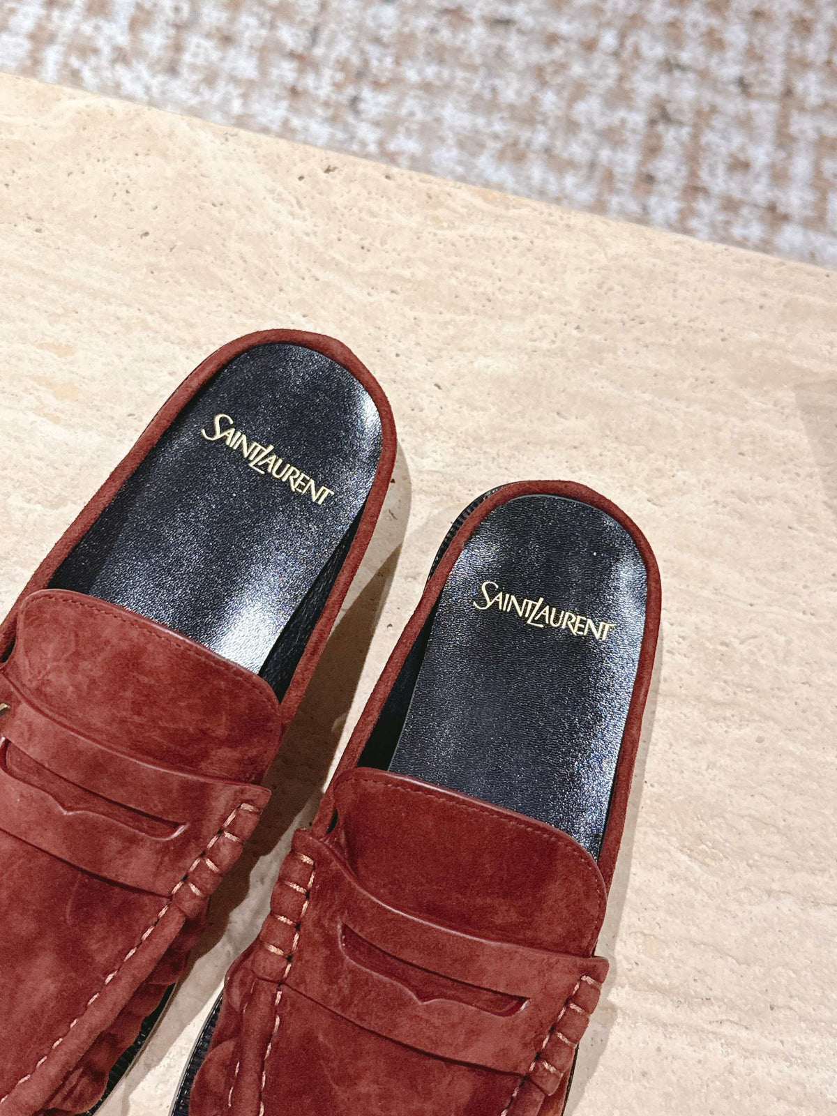 YSL 25S LOAFER MULE IN DARK BRICK RED SUEDE