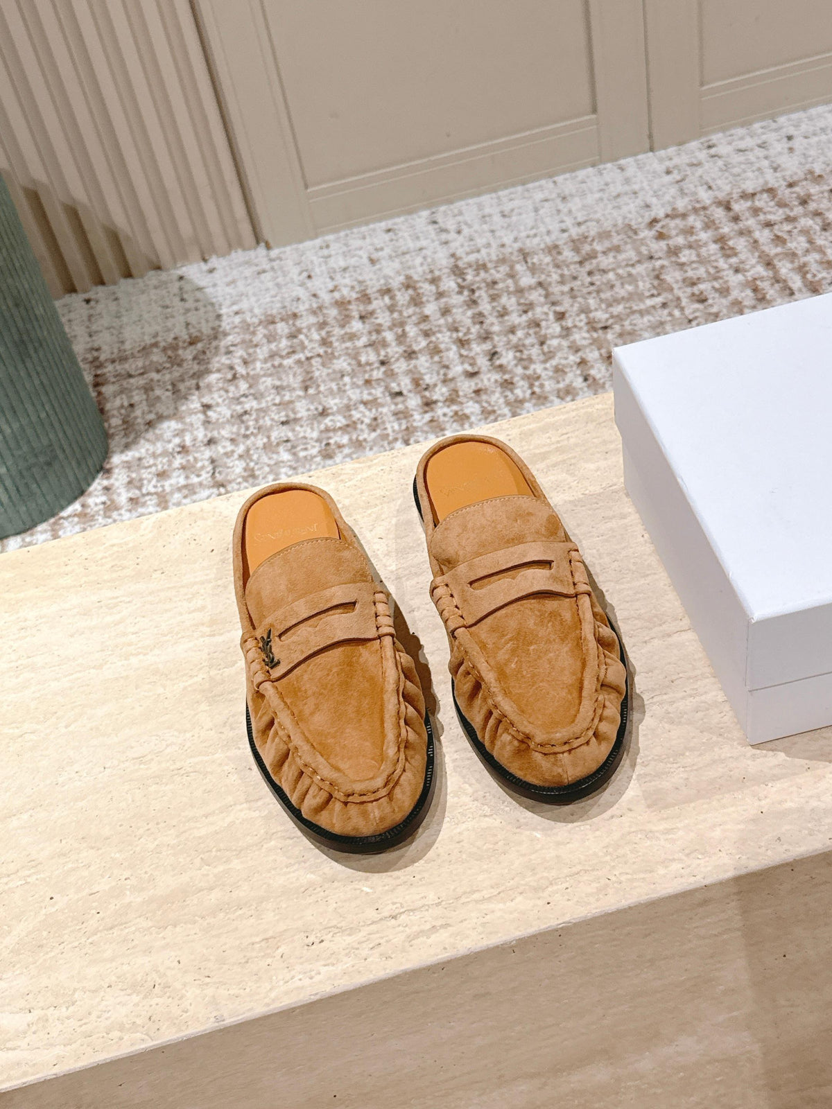 YSL 25S LOAFER MULE IN CARAMEL SUEDE